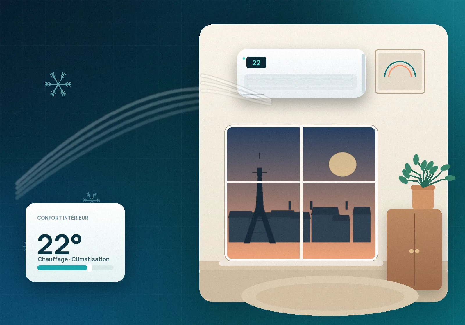 Climatisation réversible installée dans un appartement parisien, avec vue sur les toits de Paris
